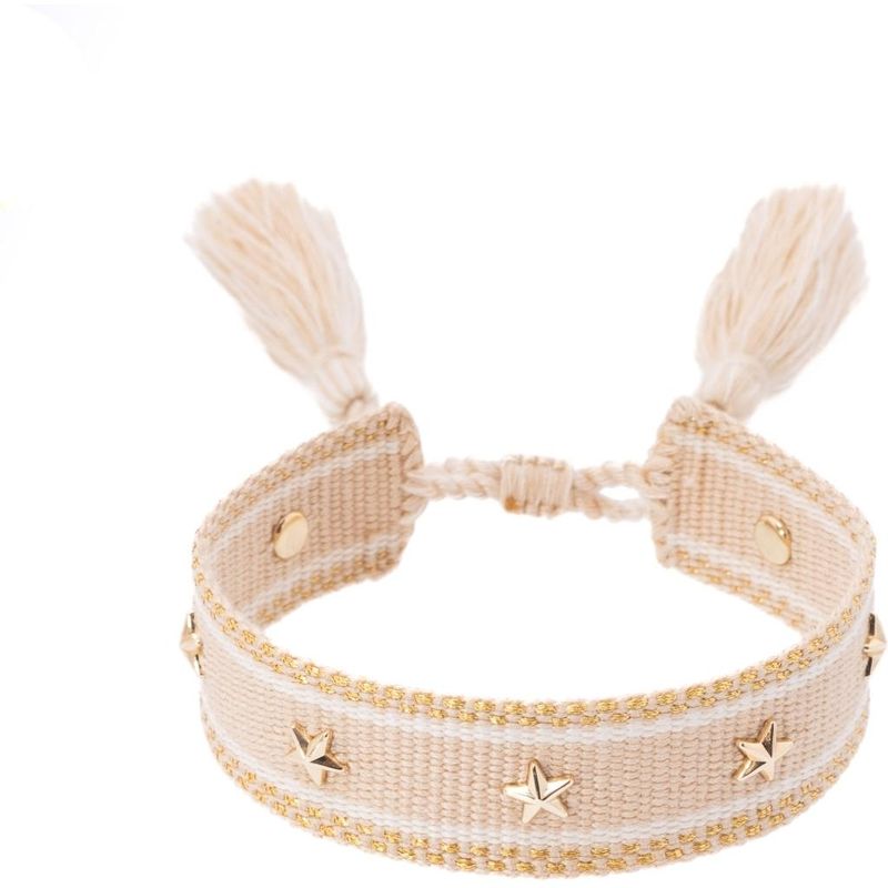Woven Friendship Bracelet W/Star Studs Light Sand W/Gold